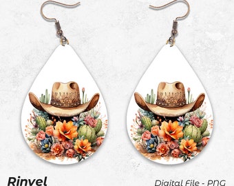 Succulent Earrings PNG, Cowboy Hat Earrings, Teardrop Earrings Design, Digital Download PNG, Succulent Sublimation Template