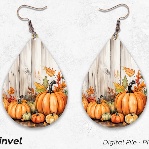 Pumpkin Earrings Sublimation, Fall Leaf Earrings, Autumn Leaves PNG, Digital Download PNG, Teardrop Earrings, Sublimation Design