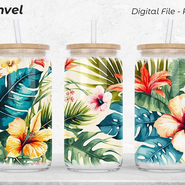 Canette en verre aquarelle fleurs tropicales, 16oz verre peut envelopper, modèle droit sans soudure, téléchargement numérique PNG, Sublimation Design