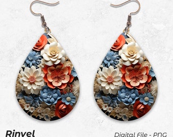 Flower Earrings, 3D Printed Earrings Design, Teardrop Earring PNG, Digital Download, Earrings Sublimation Template