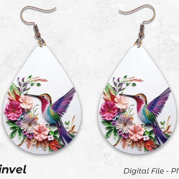 Paper Quilling Hummingbird Earrings, Digital Download PNG, Earrings Sublimation Template, Teardrop Earrings Design