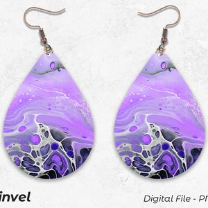 May include: A pair of purple and white teardrop-shaped earrings with a swirling abstract pattern. The earrings have a silver hook.
