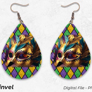 Teardrop Earrings PNG, Sublimation Earring Designs Template PNG, Mardi gras mask Sublimation Design, Digital Download