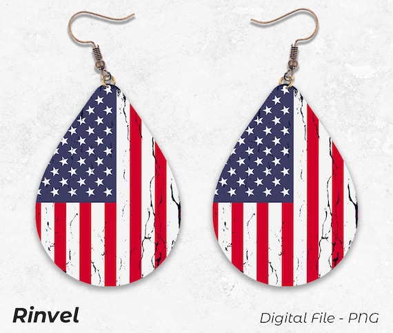 Patriotic Flag Wood Digital Sublimation Tear Drop Earring Designs Template PNG, Instant Digital Download