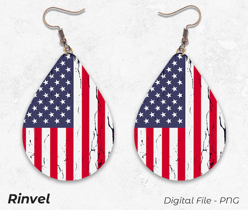 May include: A pair of teardrop earrings with a distressed American flag design. The earrings feature red and white stripes and a blue field of white stars. They hang from bronze-coloured fish hook ear wires. The earrings have a vintage appearance.