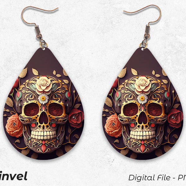 Sugar Skull Earrings, Teardrop Earrings, Digital Download, Sublimation PNG, Skull Earrings Design