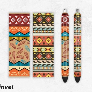 May include: Two pens with a colorful geometric pattern, including red, orange, yellow, blue, and brown. The pattern is reminiscent of Native American art. The pens are on a white background.