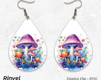 Watercolor Mushroom PNG, Teardrop Earrings Design, Digital Download PNG, Earrings Sublimation Template