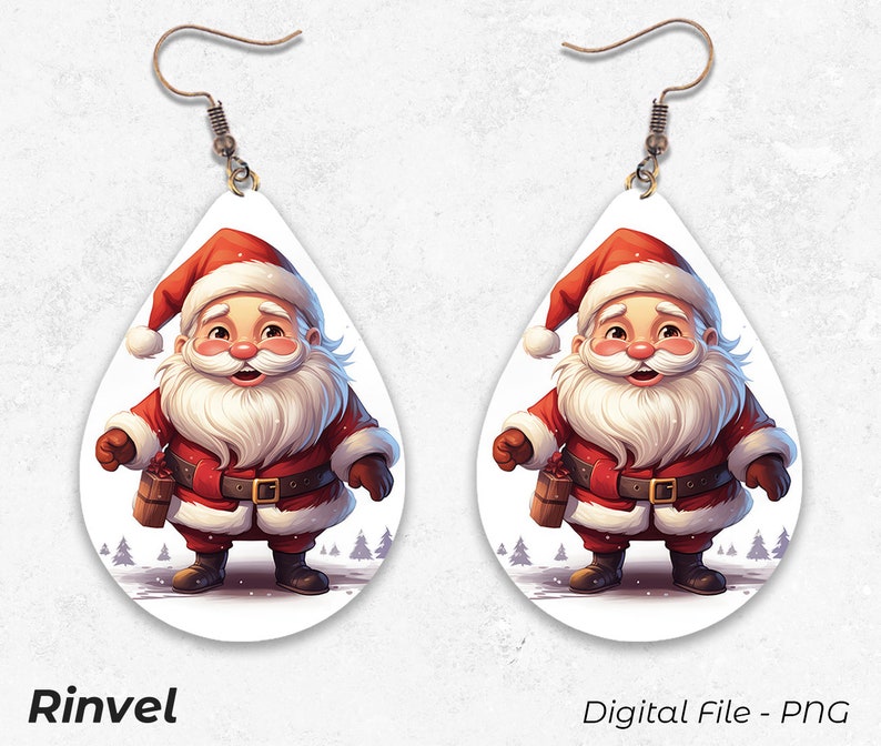 May include: A pair of white teardrop-shaped earrings with a cartoon image of Santa Claus holding a gift. Santa is wearing a red suit with a white trim, a white beard, and a red hat. The earrings have gold hooks.