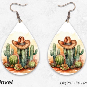 Teardrop Earrings PNG, Watercolor Cactus Print, Cowboy Hat Earrings, Digital Download File, Earrings Sublimation Template