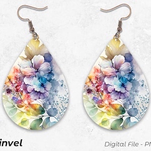 Teardrop Earrings, Watercolor Floral Earrings, Earrings Sublimation, Digital Download PNG, Earring Designs