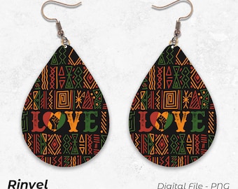 May include: A pair of black teardrop-shaped earrings with a geometric pattern in red, yellow, and green. The earrings feature a raised heart with a black fist inside and the word "LOVE" in red, yellow, and green letters.