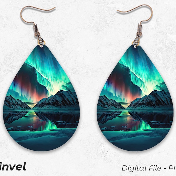 Modèle de conceptions de boucles d'oreilles en sublimation scintillantes aurores boréales, boucle d'oreille en forme de larme PNG, téléchargement immédiat