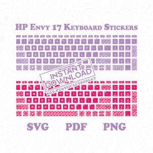 Peut inclure: Autocollants de clavier roses et blancs avec un motif décoratif en forme de cœur. Les autocollants sont conçus pour un ordinateur portable HP Envy 17. L'image comprend le texte "INSTANT DOWNLOAD NOT A PHYSICAL PRODUCT".