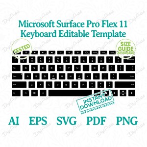 Peut inclure: Un modèle de clavier noir pour Microsoft Surface Pro Flex 11, avec des lettres blanches. L'image comprend le texte "Microsoft Surface Pro Flex 11 Keyboard Editable Template" et "Instant Download".