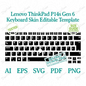 Puede incluir: Una plantilla de skin de teclado en blanco y negro para un portátil Lenovo ThinkPad P14s Gen 6. La imagen incluye la distribución del teclado, con teclas etiquetadas y un sello "Probado". El diseño está disponible para descarga instantánea en formatos AI, EPS, SVG, PDF y PNG.