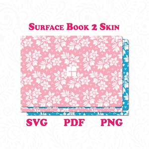 May include: A digital download of a pink and white floral pattern, labeled "SURFACE BOOK 2 SKIN". The download includes SVG, PDF, and PNG file formats.