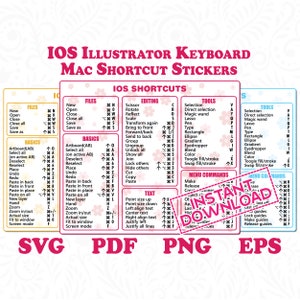 May include: A set of four pink and blue printable stickers with keyboard shortcuts for Adobe Illustrator on a white background. The stickers are labeled with the text "IOS ILLUSTRATOR KEYBOARD MAC SHORTCUT STICKERS".