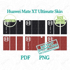 May include: A digital download for a Huawei Mate XT Ultimate phone skin. The skin is available in black and red. The image shows the skin design with the text "TESTED", "SIZE GUIDE AVAILABLE", "INSTANT DOWNLOAD", "NOT A PHYSICAL PRODUCT", "PDF", and "PNG".