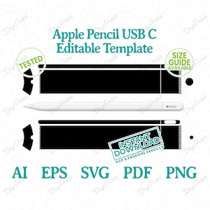 以下が含まれることがあります： USB-C コネクタ付きの白い Apple Pencil 用のデジタルテンプレート。テンプレートは白黒で、「Apple Pencil USB-C Editable Template」というテキストが含まれています。テンプレートは AI、EPS、SVG、PDF、PNG 形式で入手できます。