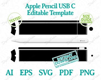 May include: A digital template for a white Apple Pencil with a USB-C connector. The template is black and white and includes the text "Apple Pencil USB-C Editable Template". The template is available in AI, EPS, SVG, PDF, and PNG formats.