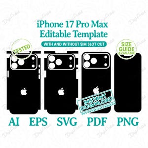 Puede incluir: Plantilla editable negra para iPhone 17 Pro Max con y sin corte de ranura SIM. La imagen incluye el logotipo de Apple y el texto "Descarga instantánea". Los formatos de archivo incluyen AI, EPS, SVG, PDF y PNG.