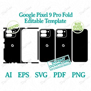 Puede incluir: Una plantilla digital en blanco y negro para una funda de teléfono Google Pixel 9 Pro Fold. La plantilla incluye el contorno del teléfono, la carcasa de la cámara y el logotipo de Google. El texto "DESCARGA INSTANTÁNEA" y "NO ES UN PRODUCTO FÍSICO" también está incluido. La plantilla está disponible en los formatos AI, EPS, SVG, PDF y PNG.