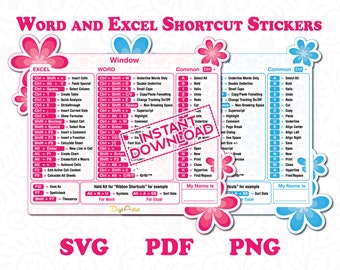 Word and Excel Shortcut Stickers in 2 Multi-Colors and Sizes Flower Cute Keyboard Stickers in Instant Digital Download