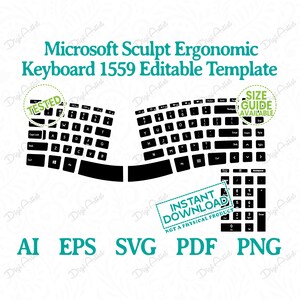May include: Black and white silhouette of a Microsoft Sculpt Ergonomic Keyboard 1559. The keyboard is split into two sections, with a number pad on the right side. The image includes the text "TESTED", "SIZE GUIDE AVAILABLE", and "INSTANT DOWNLOAD NOT A PHYSICAL PRODUCT".