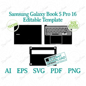 Könnte beinhalten: Eine Schwarzweiß-Digital-Download-Vorlage für einen Samsung Galaxy Book 5 Pro 16 Laptop. Die Vorlage enthält eine Draufsicht auf den Laptop, eine Seitenansicht des Laptops und eine separate Vorlage für die Tastatur des Laptops. Der Text "INSTANT DOWNLOAD NOT A PHYSICAL PRODUCT" ist im Bild enthalten.