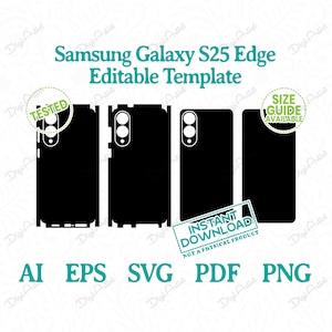 以下が含まれることがあります： Samsung Galaxy S25 Edge電話用の黒いテンプレート。カメラとフラッシュには白いディテールがあります。画像には「Samsung Galaxy S25 Edge Editable Template」というテキストと、ファイルタイプのアイコン（AI、EPS、SVG、PDF、PNG）が含まれています。「Tested」と「Size Guide Available」のスタンプも表示されています。