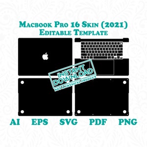Puede incluir: Una plantilla en blanco y negro para una piel de Macbook Pro 16, edición 2021. La plantilla incluye las áreas superior, inferior y del teclado. El texto "INSTANT DOWNLOAD NOT A PHYSICAL PRODUCT" está en un cuadro turquesa.