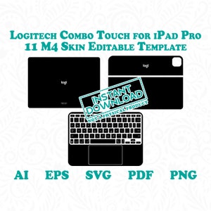 Può includere: Un'illustrazione digitale in bianco e nero di una custodia per tastiera Logitech Combo Touch per iPad Pro da 11 pollici M4. L'illustrazione include la tastiera, il trackpad e lo schermo dell'iPad. Il testo "INSTANT DOWNLOAD NOT A PHYSICAL PRODUCT" è in un timbro rosso sull'immagine.