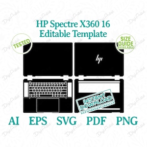 Puede incluir: Una plantilla digital en blanco y negro para una piel de portátil HP Spectre X360 16. La plantilla incluye la tapa del portátil, el teclado y el panel táctil. El texto "INSTANT DOWNLOAD" está en un rectángulo verde.