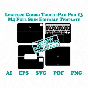Op de afbeelding: Een zwart-witte digitale sjabloon voor een Logitech Combo Touch iPad Pro 13 M4 volledige huid. De sjabloon bevat een toetsenbord, een trackpad en een iPad-scherm. De tekst "INSTANT DOWNLOAD NOT A PHYSICAL PRODUCT" staat in een rode rechthoek.