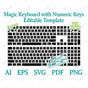 Può includere: Immagine in bianco e nero di una tastiera di computer con tasti numerici. La tastiera è divisa in due sezioni, una con i tasti alfabetici standard e l'altra con i tasti numerici. L'immagine include il testo "Magic Keyboard with Numeric Keys Editable Template" e "Instant Download Not a Physical Product".