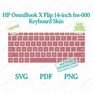 May include: A keyboard skin for the HP OmniBook X Flip 14-inch fm-000 laptop. The skin is a dusty rose color with white lettering and includes the standard QWERTY layout. The image also includes the text "Instant Download" and "Size Guide Available."