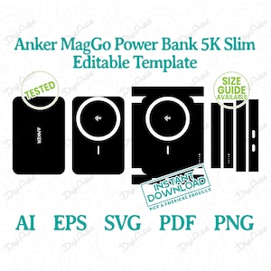 Può includere: Modello di design nero Anker MagGo Power Bank 5K Slim con il testo "Anker MagGo Power Bank 5K Slim Editable Template". Include i timbri "Tested", "Size Guide Available" e "Instant Download". Formati file: AI, EPS, SVG, PDF, PNG.