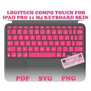 May include: A pink and grey keyboard skin designed for the Logitech Combo Touch keyboard case for the 11-inch iPad Pro M4. The skin features a pink colour scheme and covers the entire keyboard area. The image includes the text "INSTANT DOWNLOAD NOT A PHYSICAL PRODUCT".