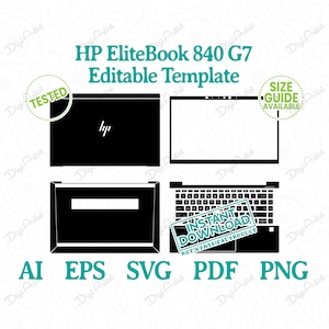 Puede incluir: Una plantilla digital en blanco y negro de una computadora portátil HP EliteBook 840 G7. La plantilla incluye una vista superior, una vista lateral y una vista del teclado. El texto "INSTANT DOWNLOAD NOT A PHYSICAL PRODUCT" está en la vista del teclado. El texto "TESTED" está en un círculo en la vista superior. El texto "SIZE GUIDE AVAILABLE" está en un círculo en la vista lateral.