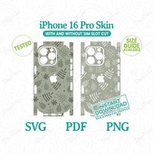 May include: A digital download of a phone skin design for an iPhone 16 Pro. The design features a green and white pattern of leaves and flowers. The design is available with and without a sim slot cut. The image includes the text "TESTED", "SIZE GUIDE AVAILABLE", "INSTANT DOWNLOAD", "NOT A PHYSICAL PRODUCT", "SVG", "PDF", and "PNG".