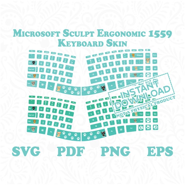 Microsoft Sculpt Ergonomic 1559 and Numeric Keyboard Stickers, Pack of 4 Mint Marble Cat Cute Keyboard Skin, Instant Digital Download