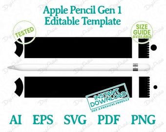 May include: A digital template for an Apple Pencil Gen 1 skin. The template is black and white and includes a size guide. The text "Tested" and "Instant Download" is included in the image. The text "Not a physical product" is also included in the image.