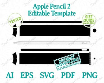 May include: A digital download template for an Apple Pencil 2 skin. The template includes a black and white outline of the pencil and a size guide. The text "INSTANT DOWNLOAD NOT A PHYSICAL PRODUCT" is included in a red rectangle.