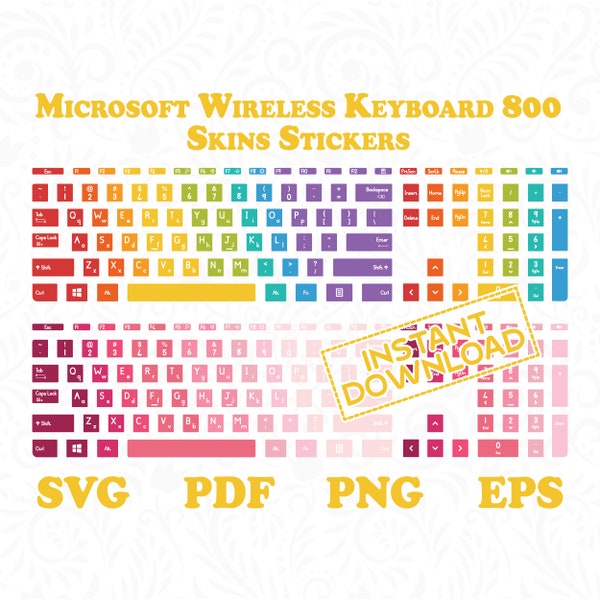 Clavier sans fil Microsoft 800 skins - Lot de 8 autocollants pour clavier mignons multicolores - Téléchargement numérique instantané