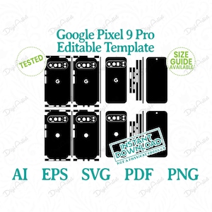 Puede incluir: Una plantilla digital para una funda de teléfono Google Pixel 9 Pro. La plantilla incluye una vista frontal, posterior y lateral del teléfono. La plantilla está disponible en los formatos AI, EPS, SVG, PDF y PNG. El texto "INSTANT DOWNLOAD NOT A PHYSICAL PRODUCT" es visible en la imagen.