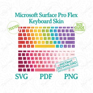 Op de afbeelding: Een digitale download van een regenboogkleurige toetsenbordhuid voor de Microsoft Surface Pro Flex. De afbeelding toont twee toetsenbordlay-outs, een met een roze en rode kleurschema en de andere met een regenboogkleurschema. De tekst "INSTANT DOWNLOAD" is zichtbaar in de afbeelding.