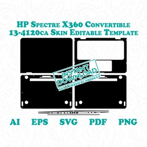 May include: A black and white digital template for a HP Spectre X360 Convertible 13-4120ca laptop skin. The template includes the top, bottom, and palm rest areas of the laptop. The text "INSTANT DOWNLOAD NOT A PHYSICAL PRODUCT" is in a green box on the template.