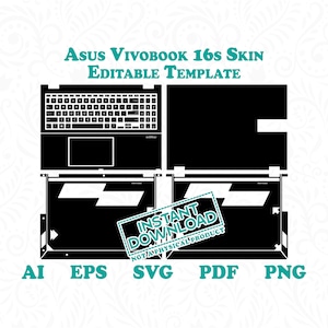 Może przedstawiać: Czarno-biały szablon cyfrowy dla naklejki na laptop Asus Vivobook 16s. Szablon obejmuje górną, dolną i boczne części laptopa. Tekst "Natychmiastowe pobranie" znajduje się w czerwonym prostokącie z białą obwódką. Tekst "Nie jest to produkt fizyczny" znajduje się pod prostokątem. Tekst "AI EPS SVG PDF PNG" znajduje się na dole obrazu.