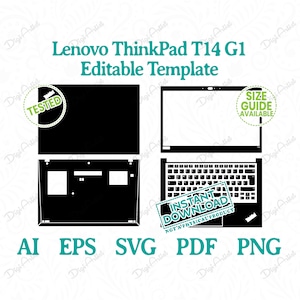 Könnte beinhalten: Schwarz-weiß digitale Vorlage für ein Lenovo ThinkPad T14 G1 Laptop. Das Bild zeigt Ansichten von oben, unten und der Tastatur, mit Textüberlagerungen wie "Getestet", "Größenübersicht verfügbar" und "Sofort-Download". Dateiformate: AI, EPS, SVG, PDF und PNG.
